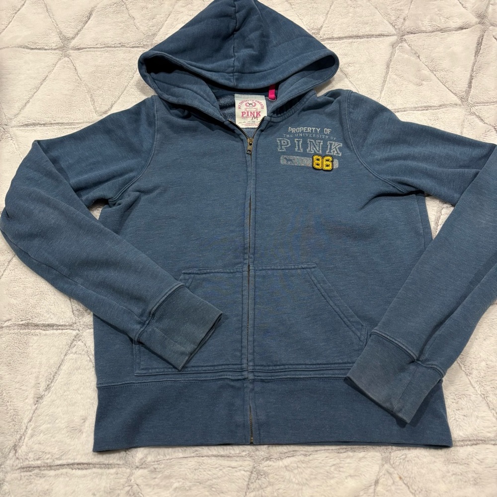 Victorias Secret PINK Full Zip Hoodie Sz Small Distressed Sweatshirt Jacket Blue